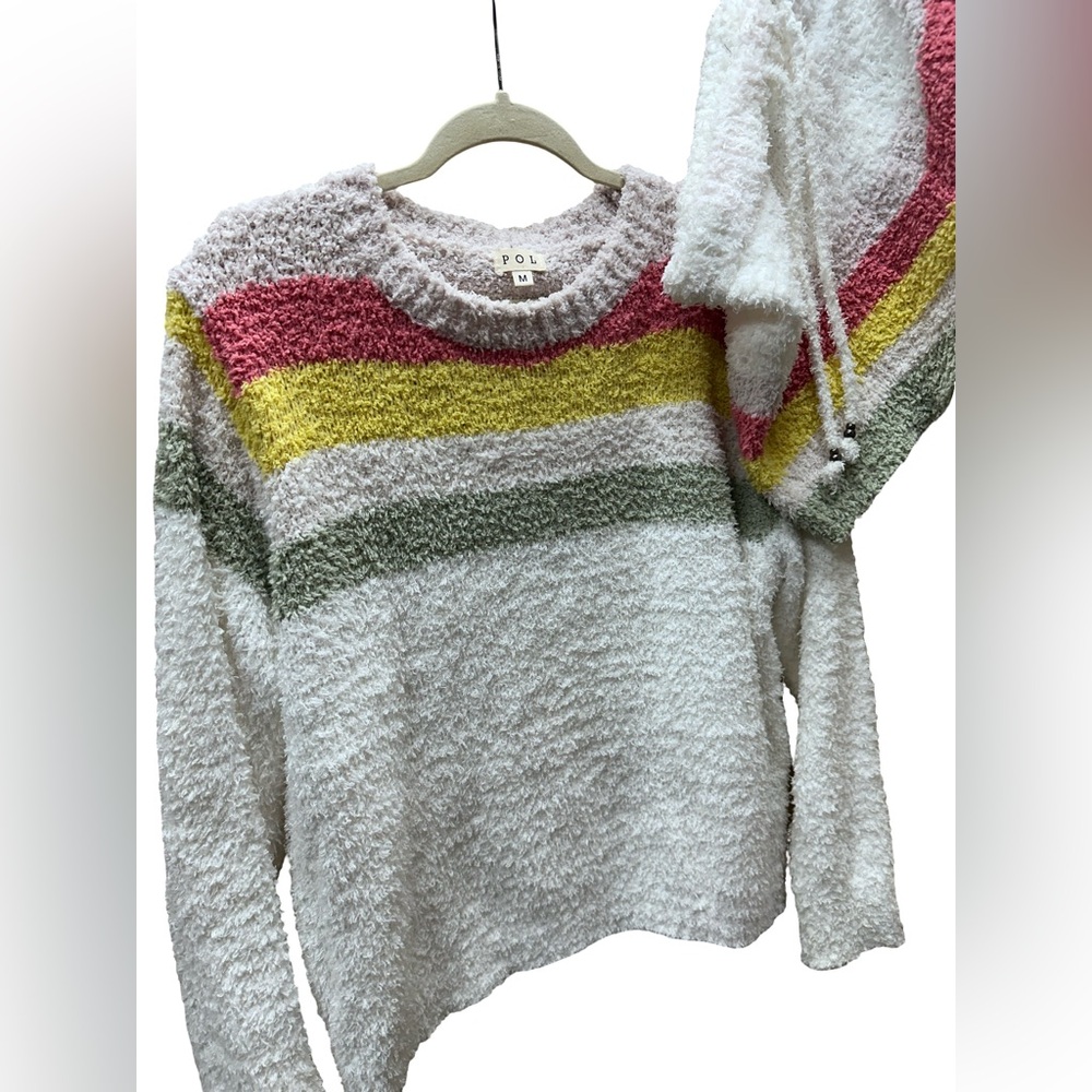 POL Green Pink and Yellow Crew Neck Sweater Short Set with Modern Stripes